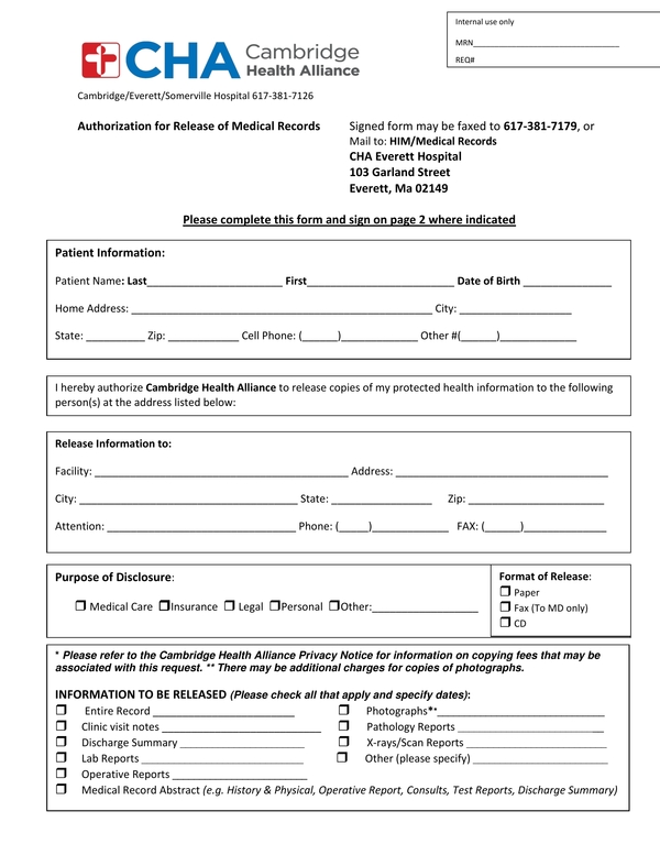 Template Medical Records Release Form HQ Printable Documents