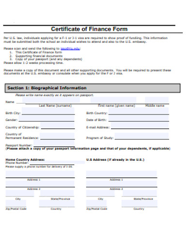 certificate of finance form