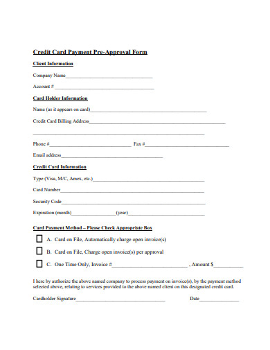 credit card payment pre approval form