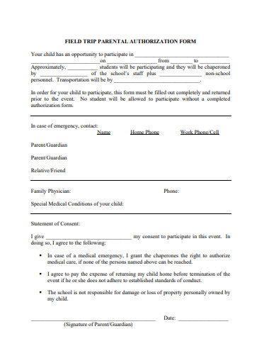 field trip parental authorization form