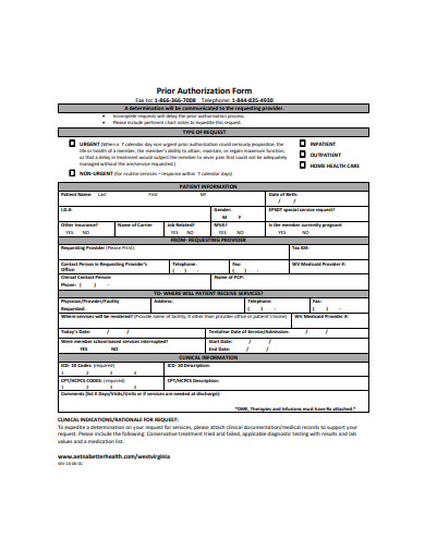 prior authorization form sample