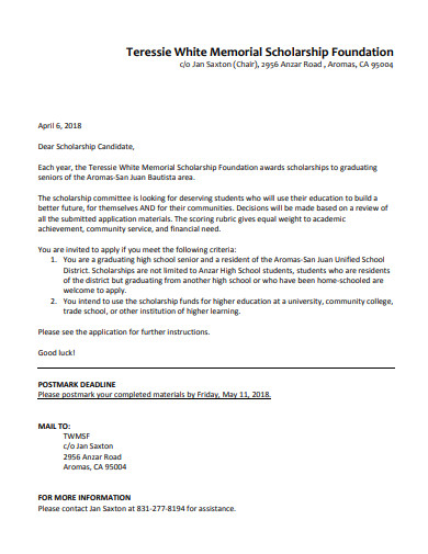 sample scholarship application cover letter example