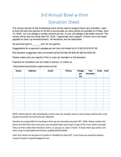 3rd annual bowl a thon donation sheet 