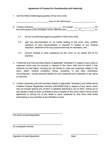 agreement of consent for guardianship and indemnity