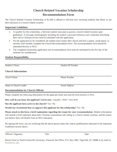 church related vocation scholarship recommendation form