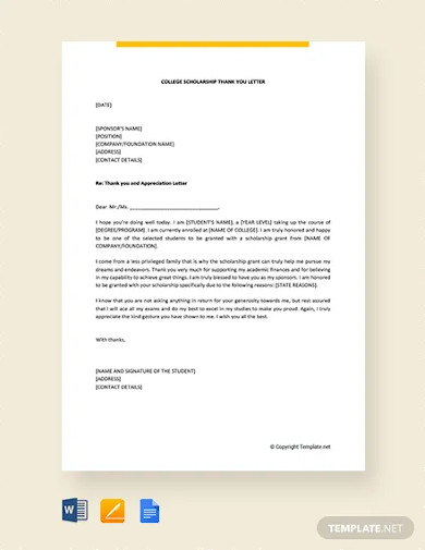 college scholarship thank you letter template