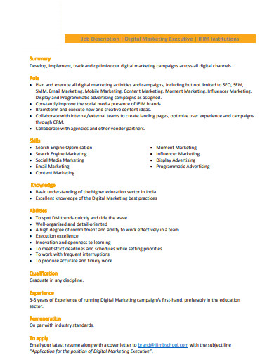 Digital Marketing Executive Job Description Format