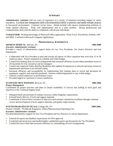 Executive Administrative Resume Format