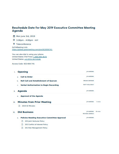 executive committee meeting agenda sample