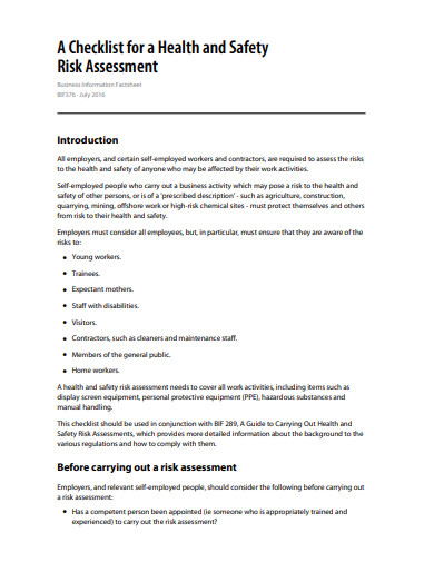 health and safety risk assessment format