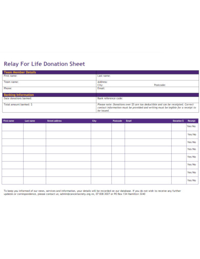 relay for life donation sheet 