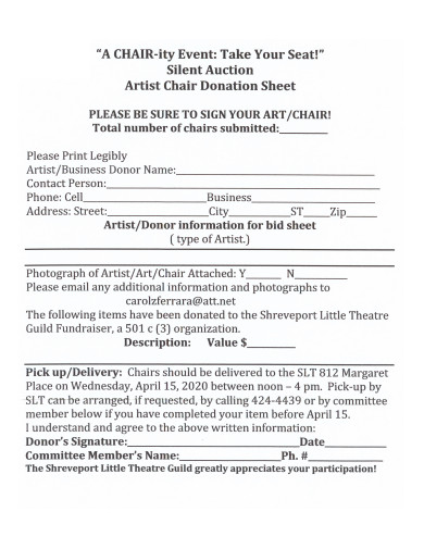 sample artist chair donation sheet
