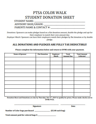 sample color walk student donation sheet example