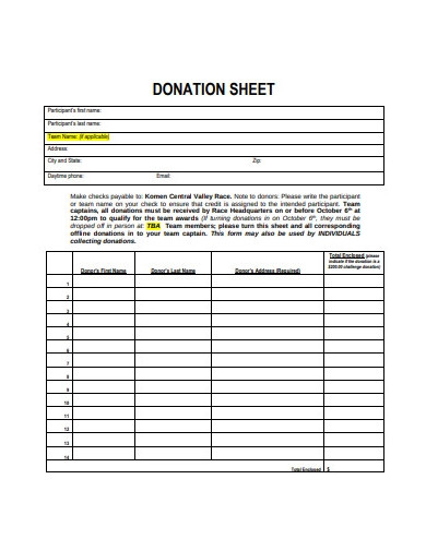 sample donation sheet examples