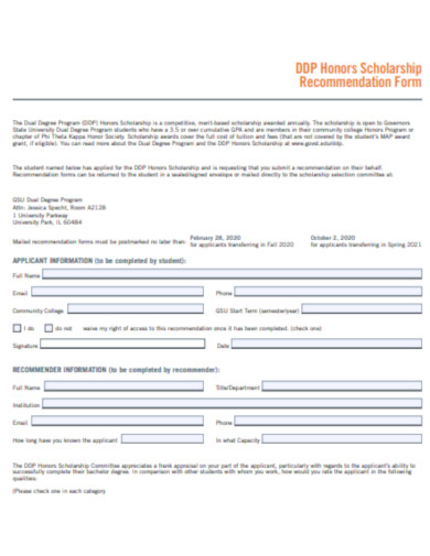 sample honors scholarship recommendation form