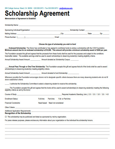 sample scholarship agreement