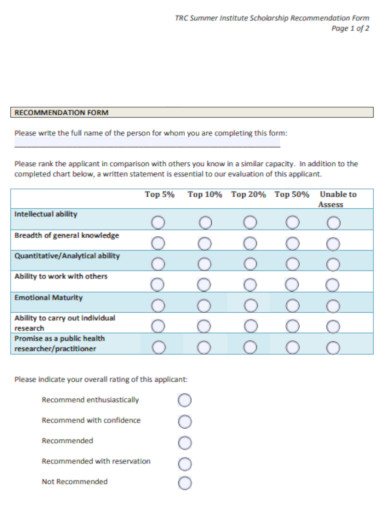 sample summer institute scholarship recommendation form