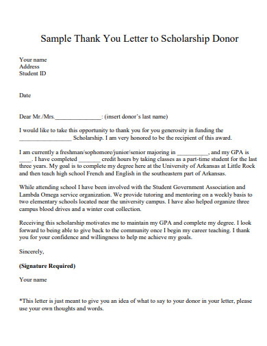 sample thank you letter to scholarship donor