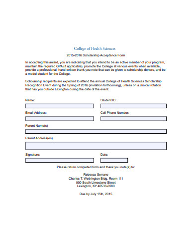 scholarship acceptance form sample