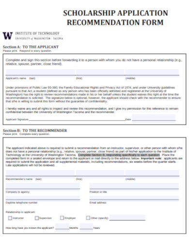 scholarship application recommendation form