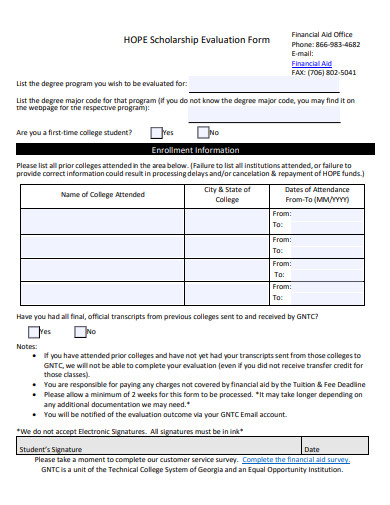 scholarship evaluation form sample