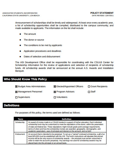 scholarship policy statement template