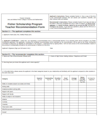 scholarship program teacher recommendation form