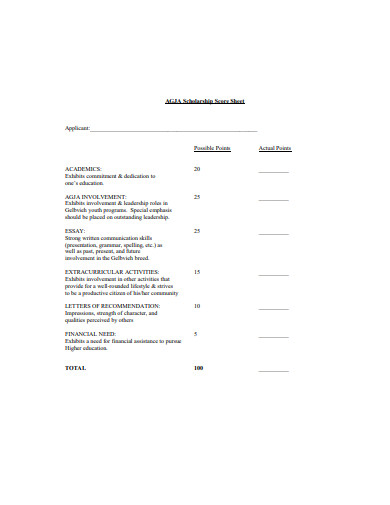 scholarship score sheet format