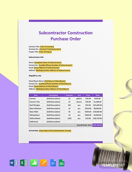 subcontractor construction purchase order template