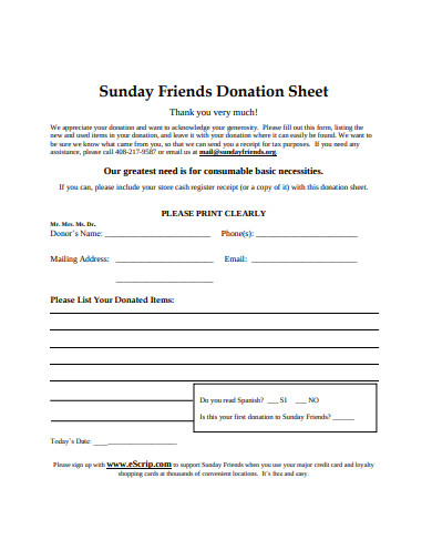 sunday friends donation sheet