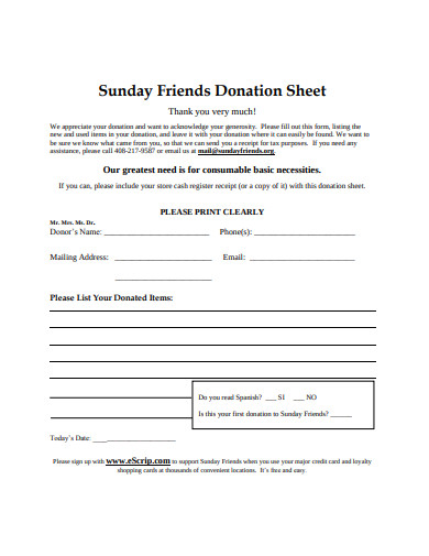 Sunday Friends Donation Sheet