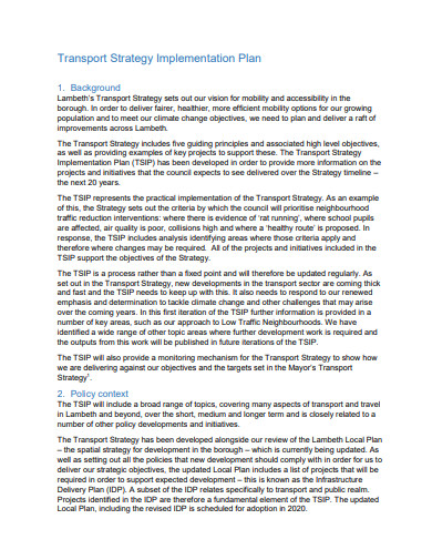 transport strategy implementation plan