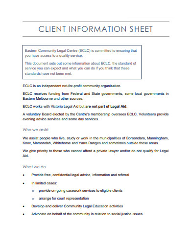 bank client information sheet