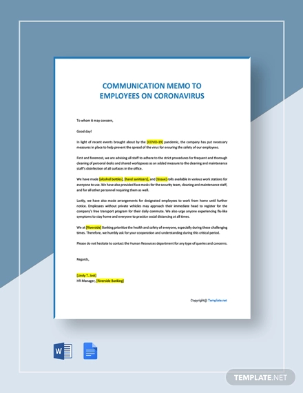 Communication Memo to Employees on Coronavirus Template