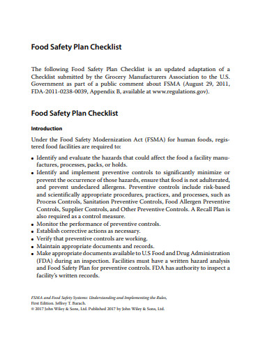 food safety plan checklist
