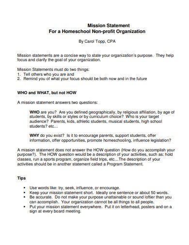 mission statement for a homeschool non profit organization