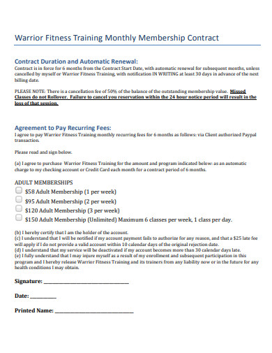 fitness training monthly membership contract