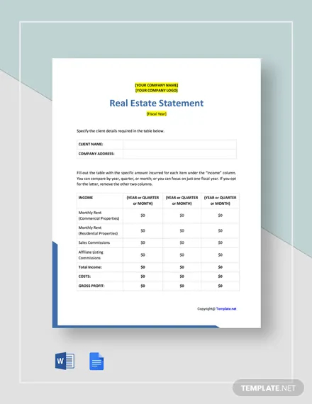 free blank real estate statement template