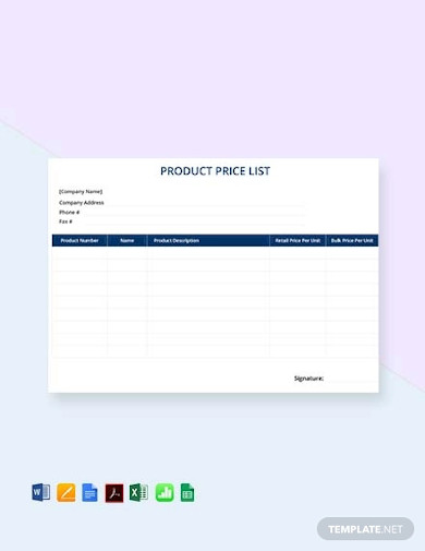 free product price list template