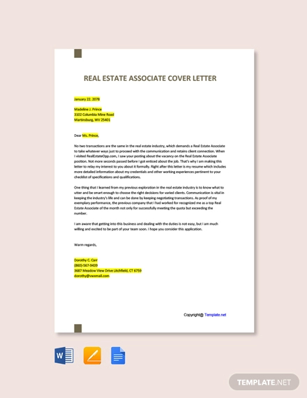 free real estate associate cover letter template
