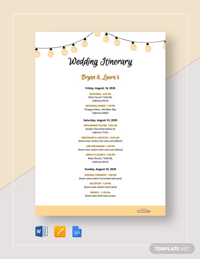 Free Sample Wedding Itinerary Template