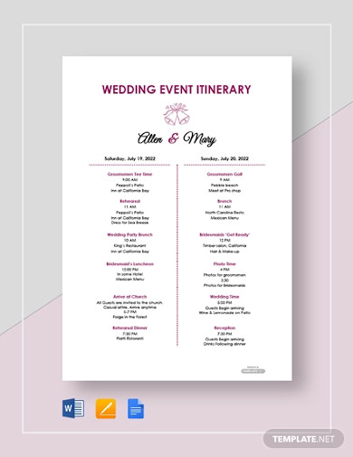 free wedding event itinerary template