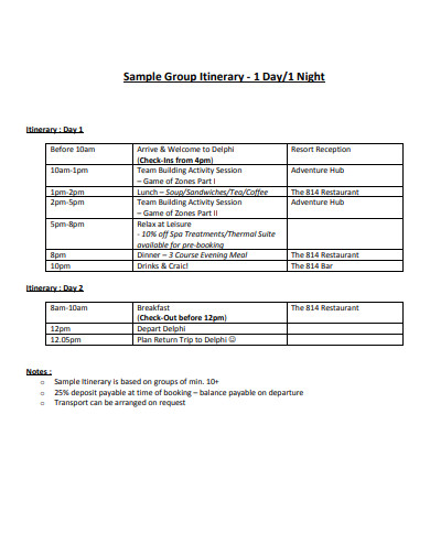 group trip itinerary