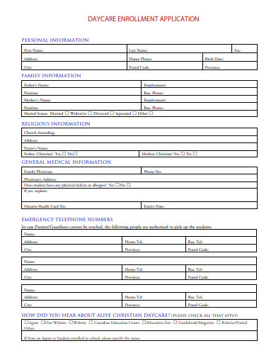 Daycare Application Form - 10+ Examples, Format, Pdf | Examples