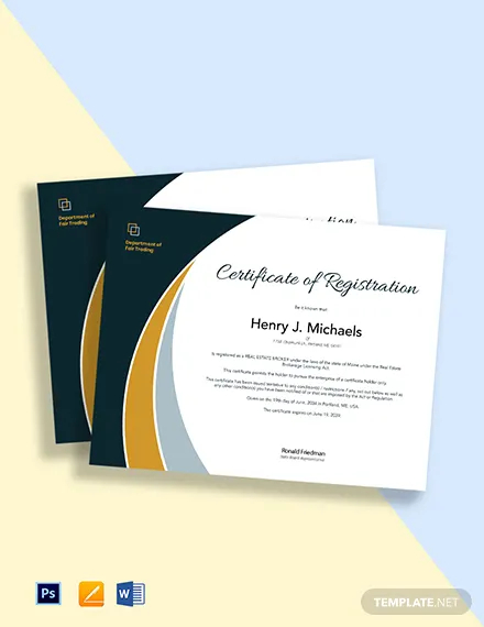 real estate certificate of registration template