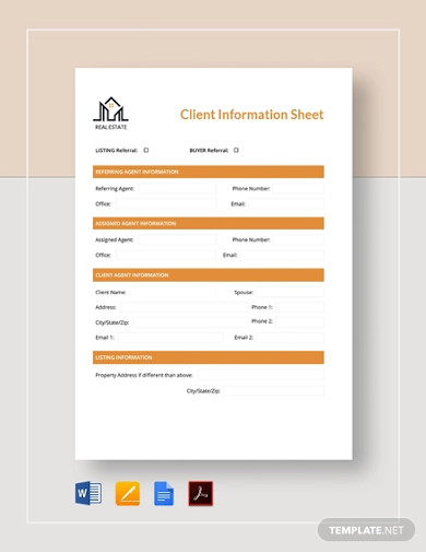 real estate client information sheet template
