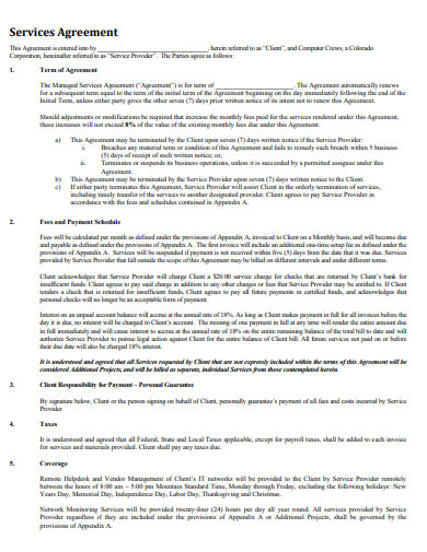 Sample Managed Services Agreement Contract