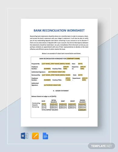 Bank Reconciliation Worksheet Template