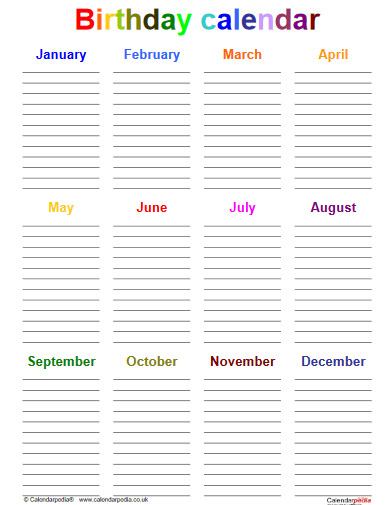 birthday calendar template