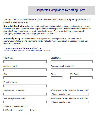 corporate compliance reporting form